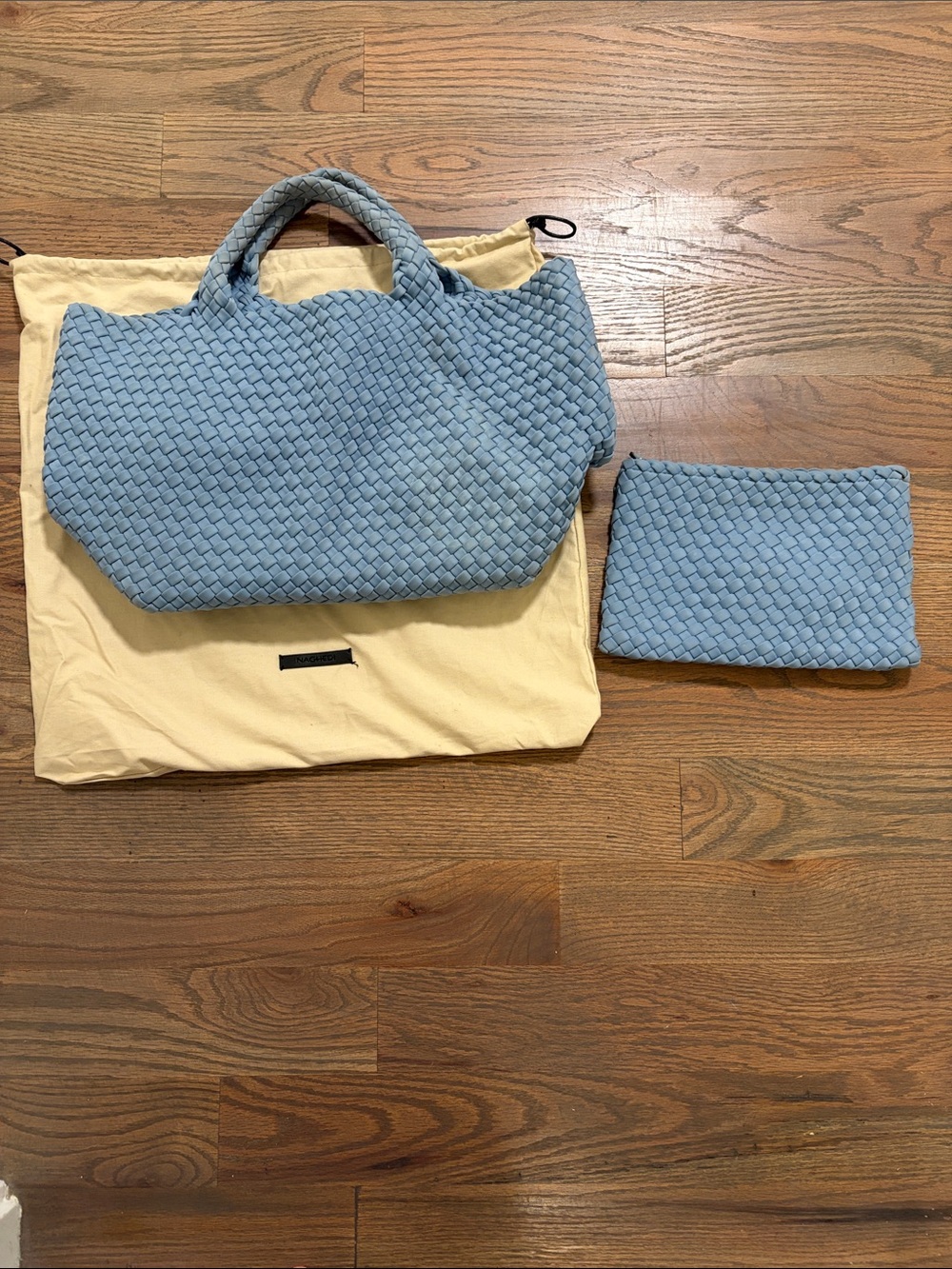Nagged Woven Light Blue Tote with Pouch - Women's Handbag GUC